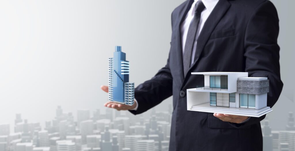 business man select modern house and building